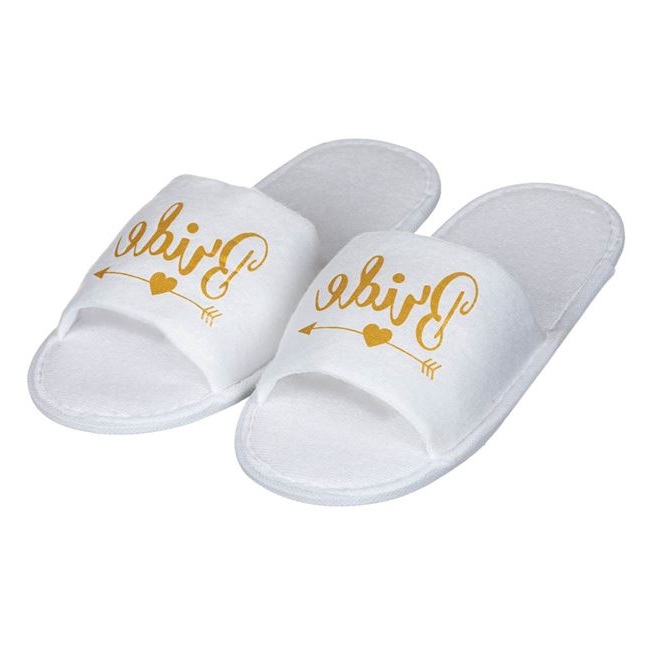 Papuci de casa sau baie VENITIVO , decupati cu print auriu Bride, marime universala, L x l 28 cm x 11 cm, albi