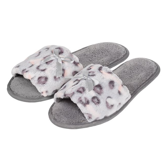Papuci de casa sau baie VENITIVO , model animal print, decupati, pentru dama, cu funda, marime 39-41, culoare gri