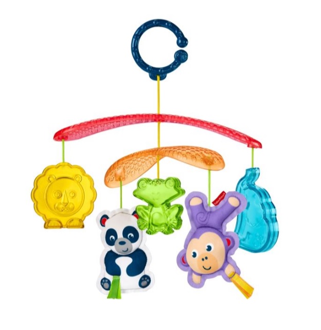 Pandantiv pentru carut copii cu 2 jucarii moi, clopotel si 3 animal, Fisher Price, multicolor