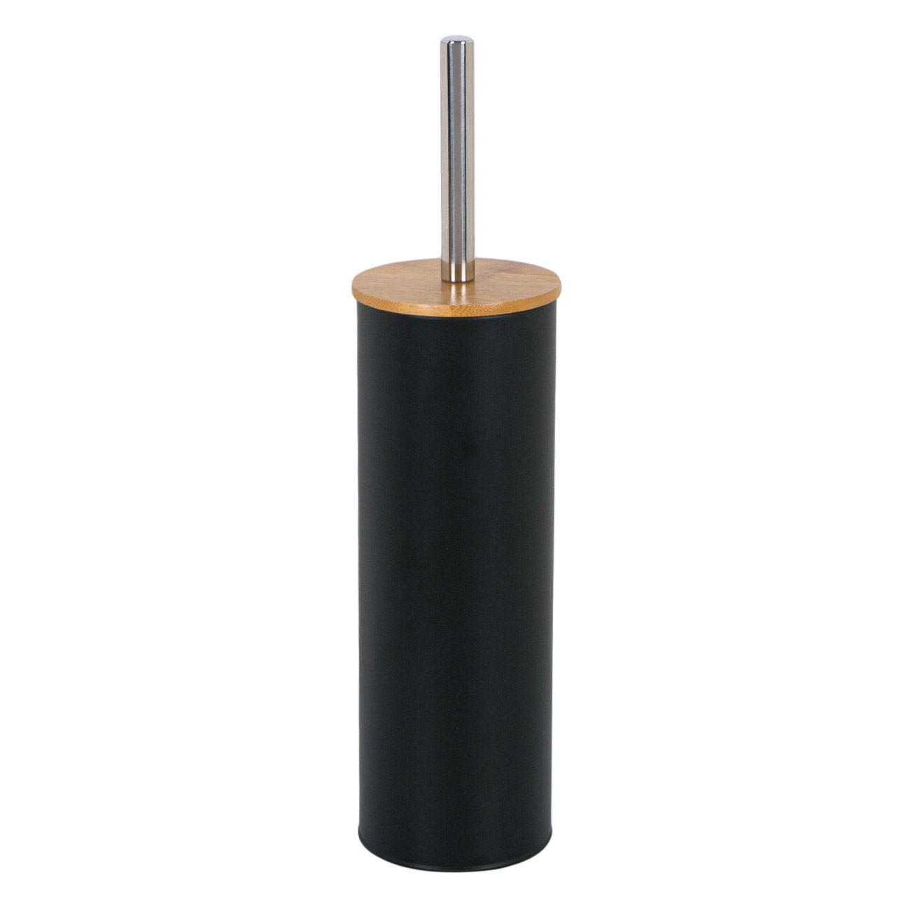 Perie pentru toaleta cu suport metalic si capac din bambus, negru mat, 28 cm