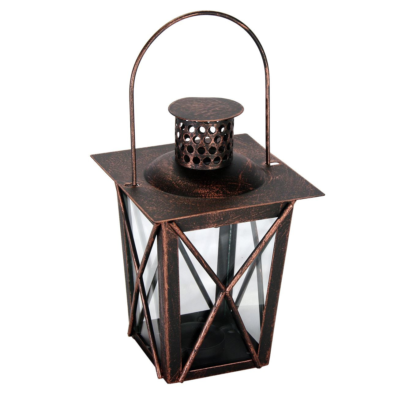 Felinar metalic bronz cu geam , DecorCasa , 13 x 21 cm