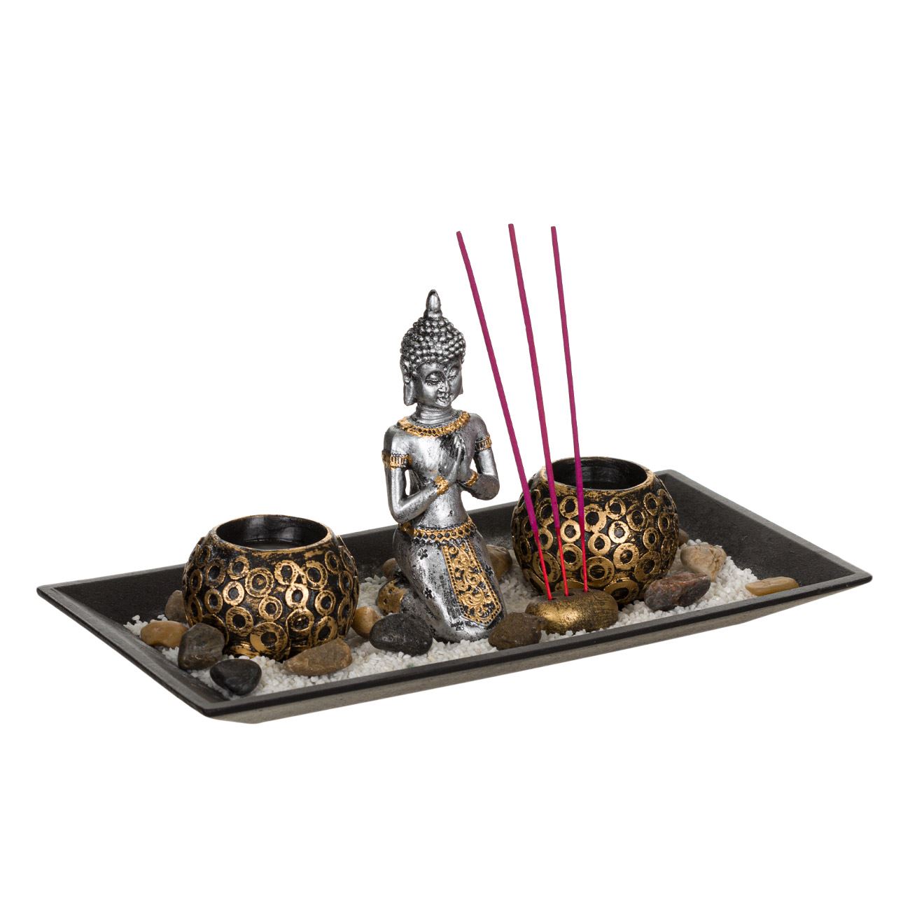 Suport din lemn Budha, cu 2 recipiente pentru lumanarele, 29×15 cm
