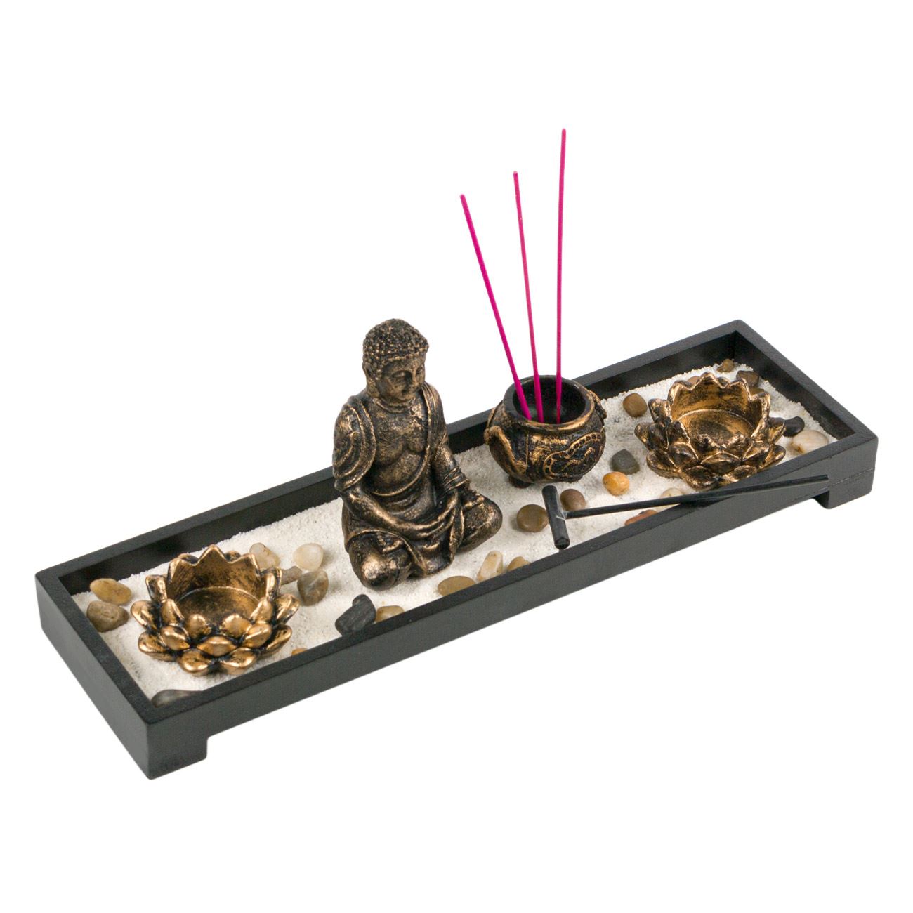 Suport din lemn Budha, cu 2 recipiente florale pentru lumanarele, 37 x 11 cm
