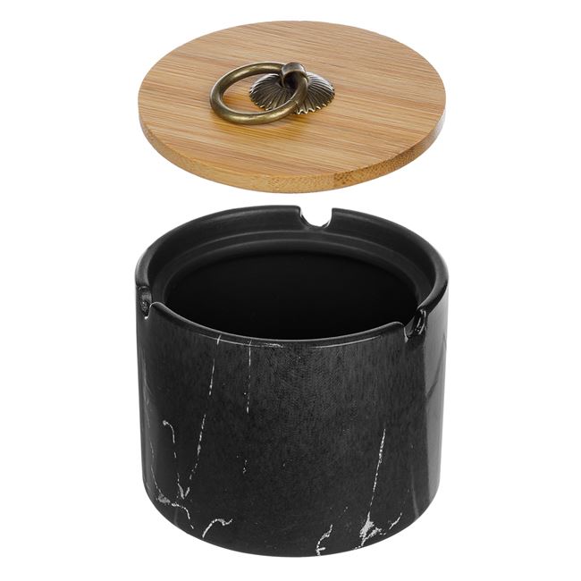 Scrumiera cilindrica VENITIVO cu capac din bambus, model marmura neagra, din ceramica, diametru 10 cm inaltime 7 cm, negru
