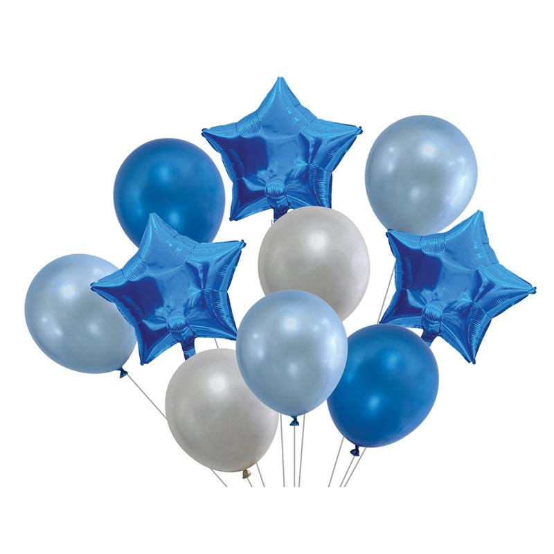 Set 10 baloane, Cali, modele diferite in forma de stea, albastru