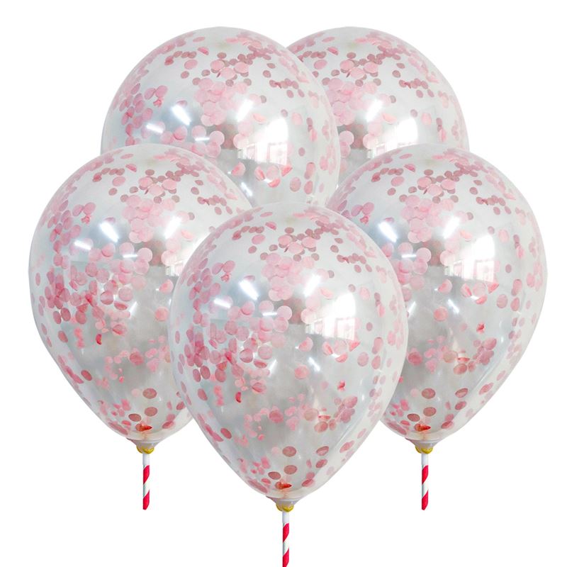 Set 5 baloane, Cali, transparente cu confeti roz, 23 cm