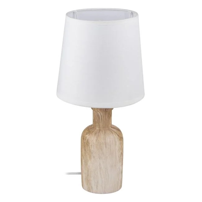 Veioza de masa Cali, inaltimea totala de 36.5 cm, Material Ceramica – PVC-Bumbac, Lungime cablu 108 cm si comutator la 34 cm, culoare lemn si abajur alb
