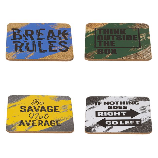 Suport VENITIVO pentru cani si pahare format din 4 bucati, coaster, cu mesaje motivationale, material pluta, antiderapant, 10 cm x 10 cm, multicolor