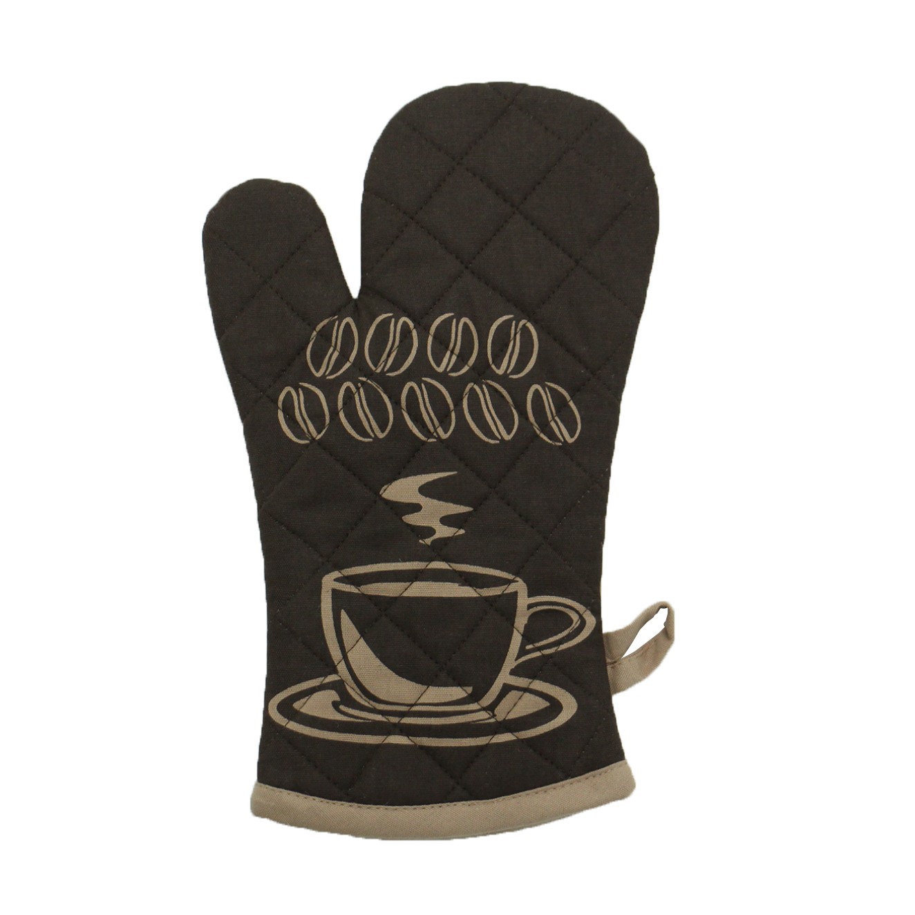Manusa bucatarie Cali, model ceasca si boabe de cafea, bumbac + poliester, maro, 32 x 18 cm