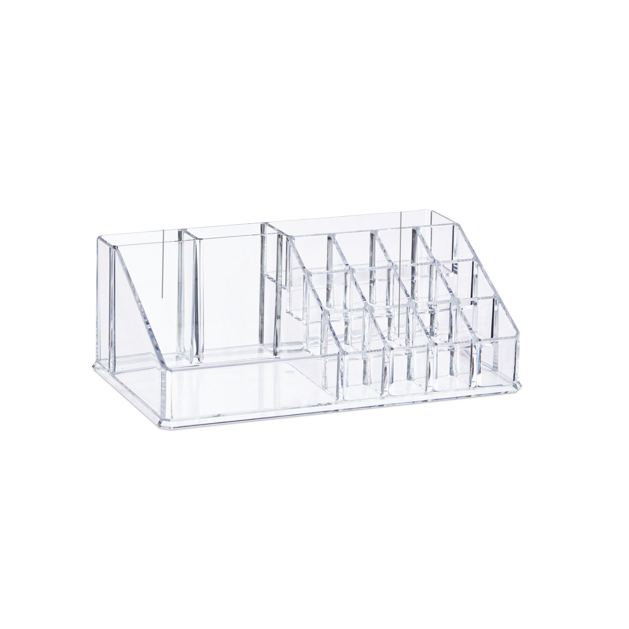 Organizator cosmetice si accesorii, 16 compartimente, multifunctional, acrilic transparent, 22 x 12,5 x 8 cm
