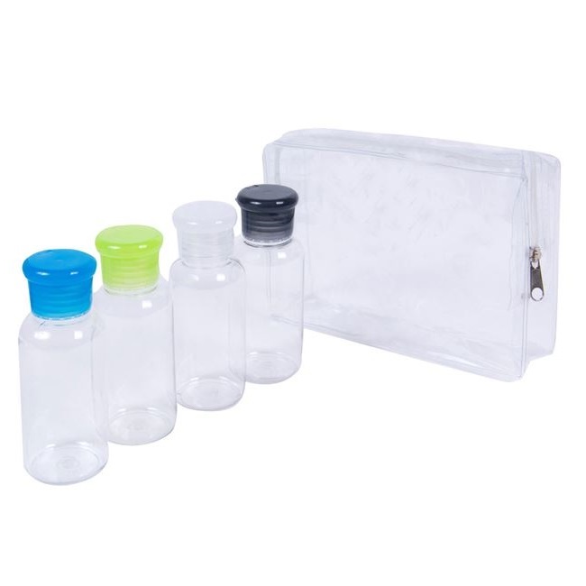 Set 4 recipiente pentru calatorie, VENITIVO®, din plastic, transparente cu capace colorate, continut 4 recipiente la 80 ml fiecare